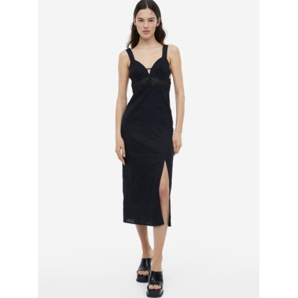 HM Black Linen Midi Dress Broderie Anglaise Sheath Dress Size Medium